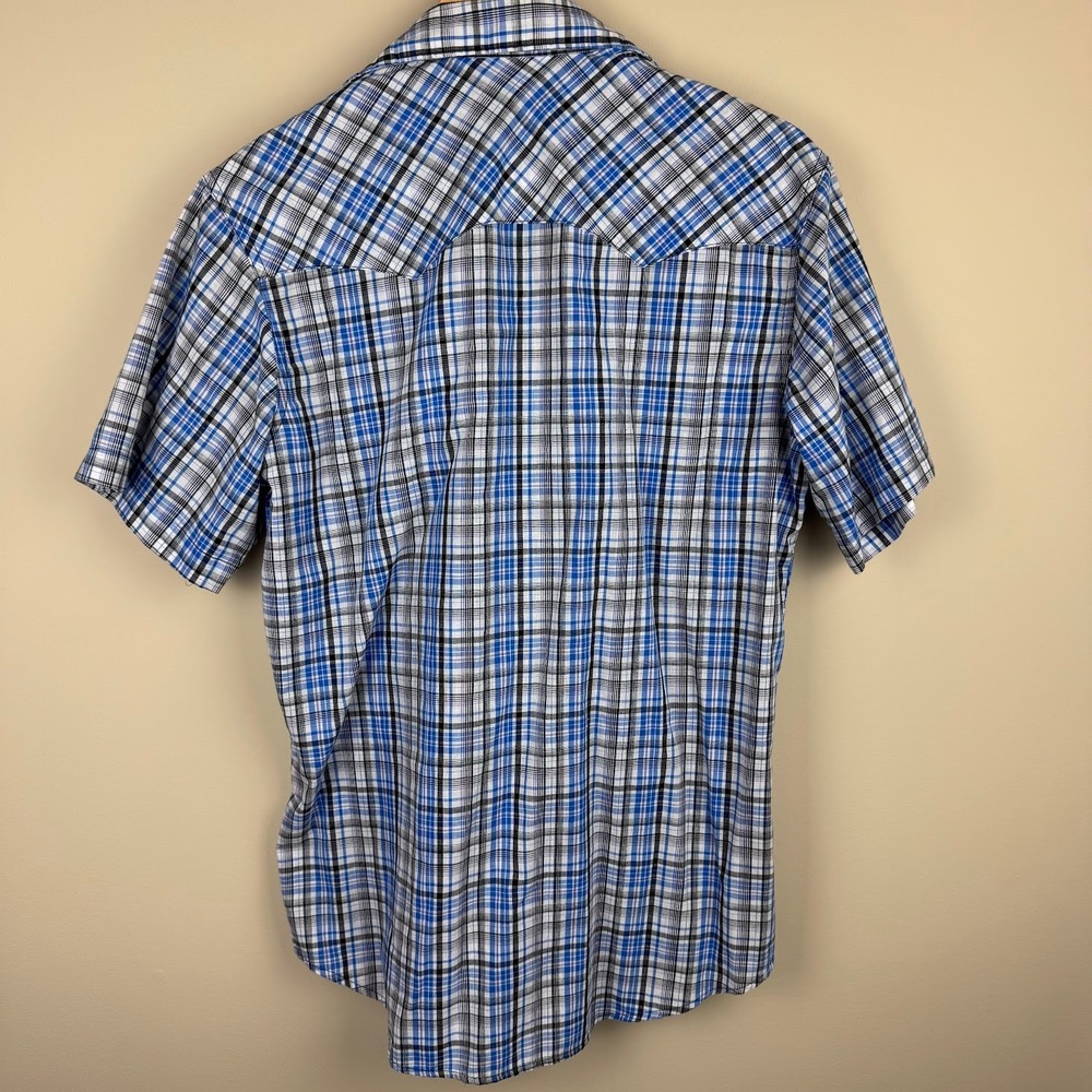 Wrangler Wrancher Western Plaid Short Sleeve Shirt Mens Medium Blue Black Purple - Picture 2 of 4